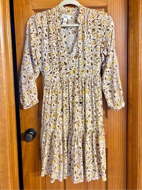 Japna Cream Floral Midi Dress with Yellow & Brown Accents